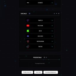 SP4RKV.DEV - Panel z listą linków do mediów społecznościowych: Twitch, YouTube, Kick, Discord, Instagram, TikTok. Interfejs w ciemnej tonacji z elementami graficznymi.