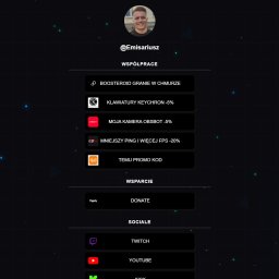 SP4RKV.DEV - Profil użytkownika @Emisariusz z linkami do współpracy, wsparcia (Donate) i mediów społecznościowych: Twitch, YouTube, Kick. Tło w ciemnej tonacji z elementami graficznymi.