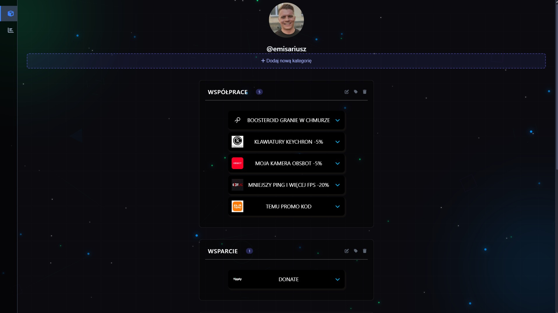 Ekran profilu użytkownika @emisariusz z listą linków partnerskich i opcji wsparcia. Widoczne sekcje: Współpraca i Wsparcie. Ciemne tło z motywem kosmicznym.