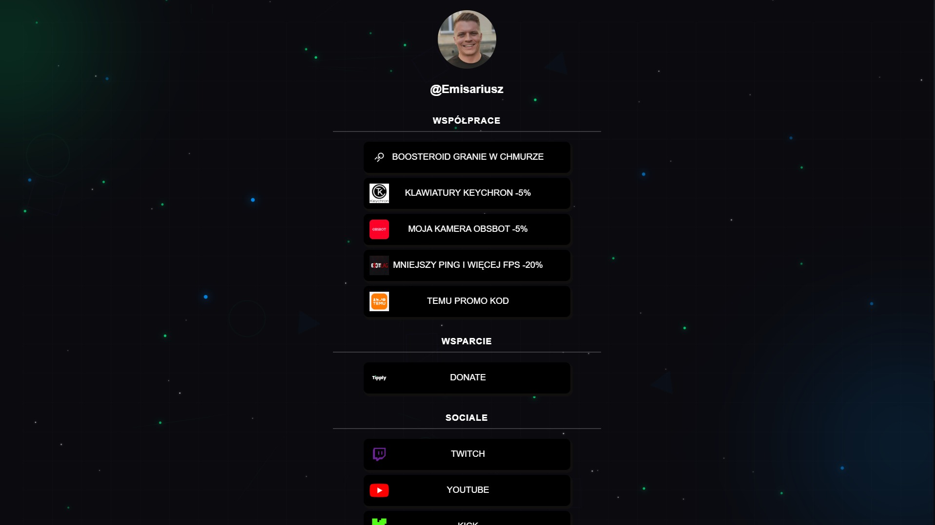Profil użytkownika @Emisariusz z linkami do współpracy, wsparcia (Donate) i mediów społecznościowych: Twitch, YouTube, Kick. Tło w ciemnej tonacji z elementami graficznymi.