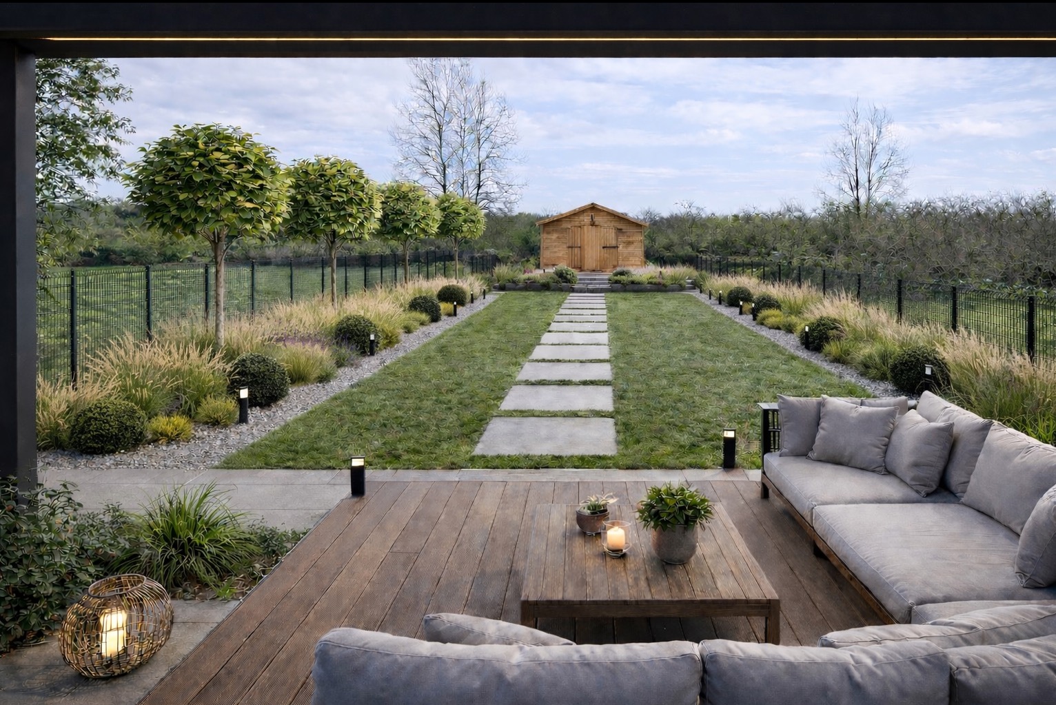 Nowoczesny ogród z drewnianym tarasem i szarą sofą. Ścieżka z płyt prowadzi do drewnianego domku. Oświetlenie ogrodowe podkreśla roślinność i architekturę.