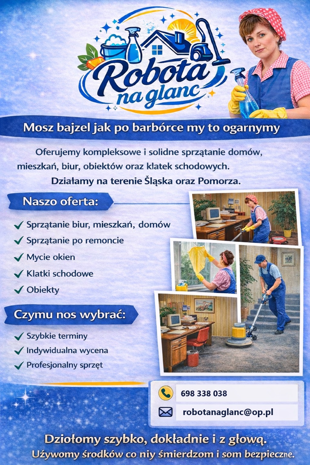 Oferta firmy sprzątającej: logo z hasłem 'Robota na glanc', zakres usług (mieszkania, biura, remonty, okna, klatki), dane kontaktowe i obietnica szybkiej, dokładnej pracy.