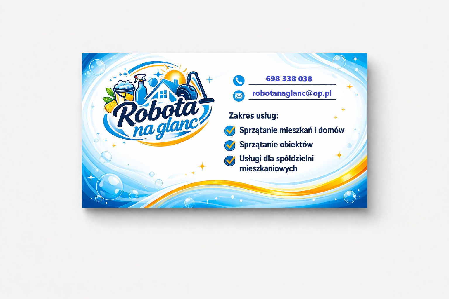 Wizytówka firmy sprzątającej 'Robota na glanc' z ikonami: wiadro, spray, dom, odkurzacz. Oferta obejmuje sprzątanie mieszkań, obiektów i usługi dla spółdzielni.
