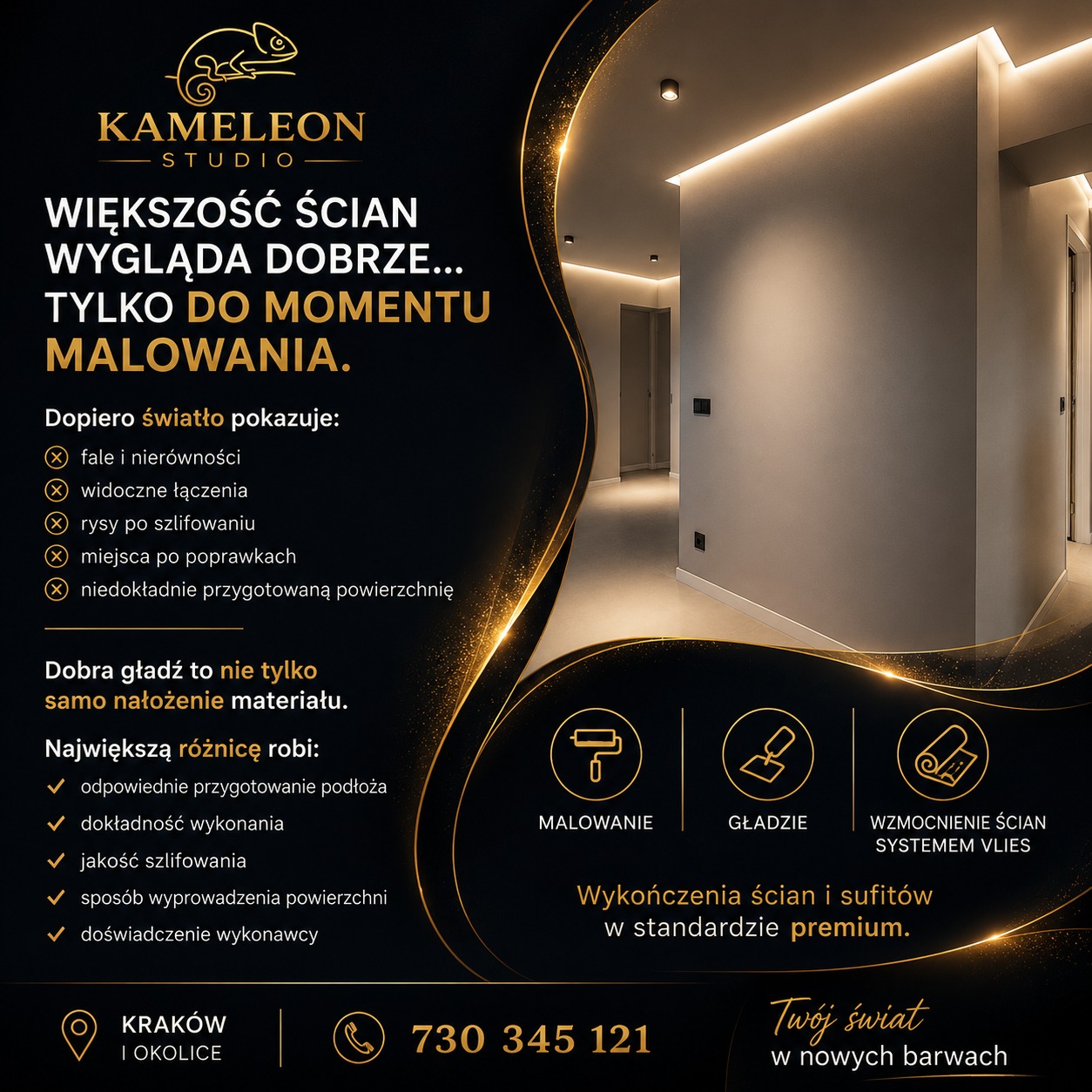 Elegancka grafika reklamowa studia wykończeniowego Kameleon: gładzie, malowanie, wzmocnienie ścian systemem Vlies. Wykończenia ścian i sufitów w standardzie premium.
