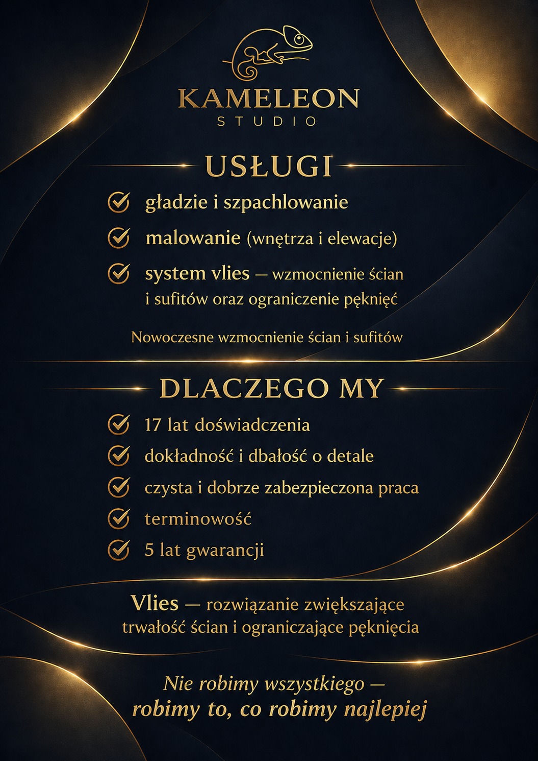 Grafika reklamowa firmy Kameleon Studio: gładzie, szpachlowanie, malowanie wnętrz i elewacji, system Vlies. 17 lat doświadczenia, dokładność, terminowość, 5 lat gwarancji.