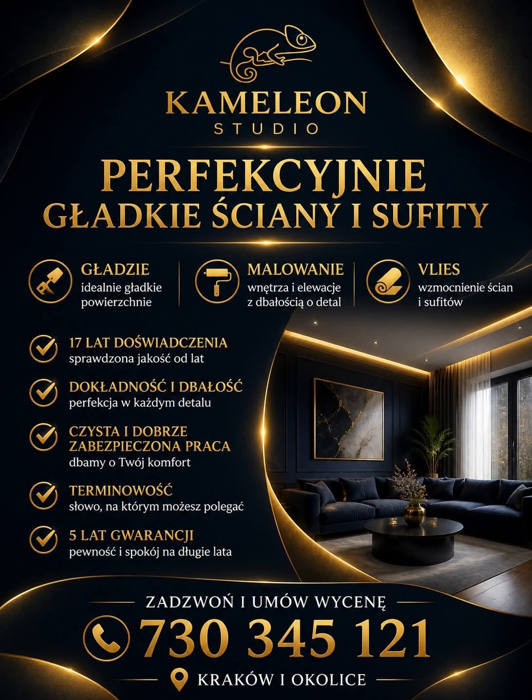 Grafika reklamowa: perfekcyjnie gładkie ściany i sufity. Usługi: gładzie, malowanie wnętrz i elewacji, wzmocnienie ścian. 17 lat doświadczenia, Kraków i okolice.