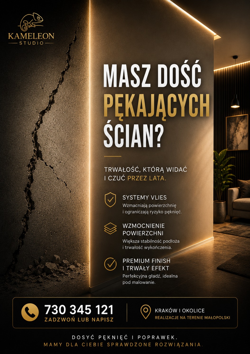 Reklama systemów wzmacniających ściany przed pękaniem. Pęknięta ściana z lewej, gładka z prawej. Napis: Masz dość pękających ścian?