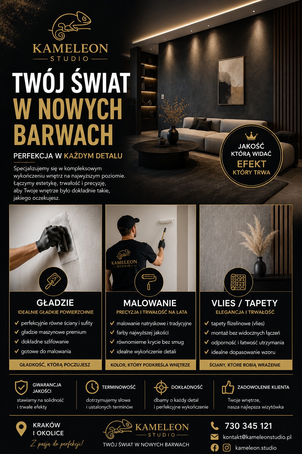 Grafika reklamowa: logo firmy, hasło 'Twój świat w nowych barwach', usługi (gładzie, malowanie, tapety), gwarancja jakości, terminowość, dokładność, zadowolenie klienta.