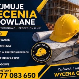 Alan Urban - Żółty kask budowlany, kielnia i cegły na planie budowlanym. Reklama usług budowlanych: malowanie, wyburzenia, przeprowadzki, prace brukarskie i ogrodowe. Kontakt telefoniczny.