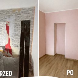 Alan Urban - Remont pokoju: ściana przed malowaniem z resztkami tapety i po malowaniu na różowo, z nową podłogą. Widok typu 'przed i po' z wyraźnym kontrastem.