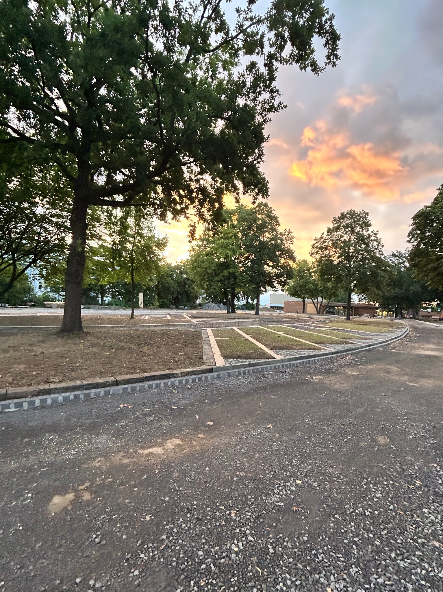 Nowo wykończony parking z wyznaczonymi miejscami postojowymi, obrzeża z kostki, w tle drzewa i zachodzące słońce.
