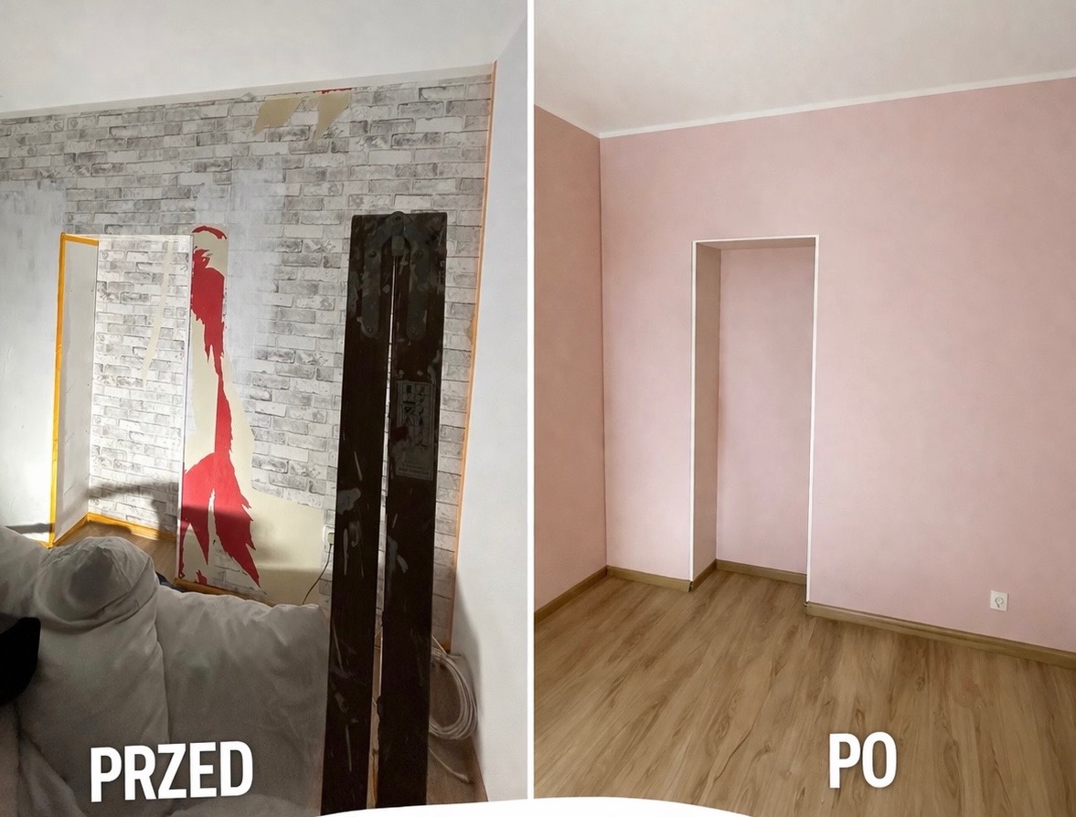 Remont pokoju: ściana przed malowaniem z resztkami tapety i po malowaniu na różowo, z nową podłogą. Widok typu 'przed i po' z wyraźnym kontrastem.