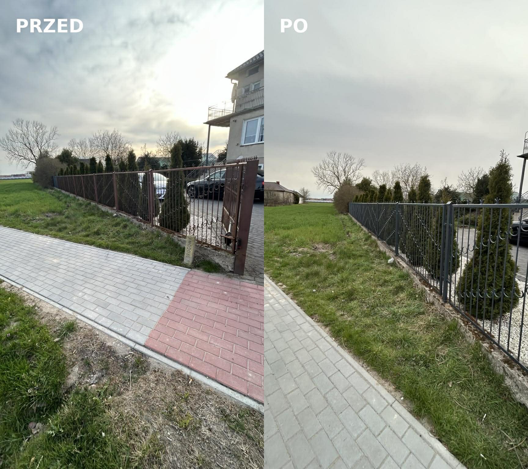 Zdjęcie 'przed i po' odnowionego ogrodzenia posesji z nową, szarą farbą, z uporządkowanym trawnikiem i chodnikiem z kostki. Widoczne krzewy iglaste wzdłuż ogrodzenia.