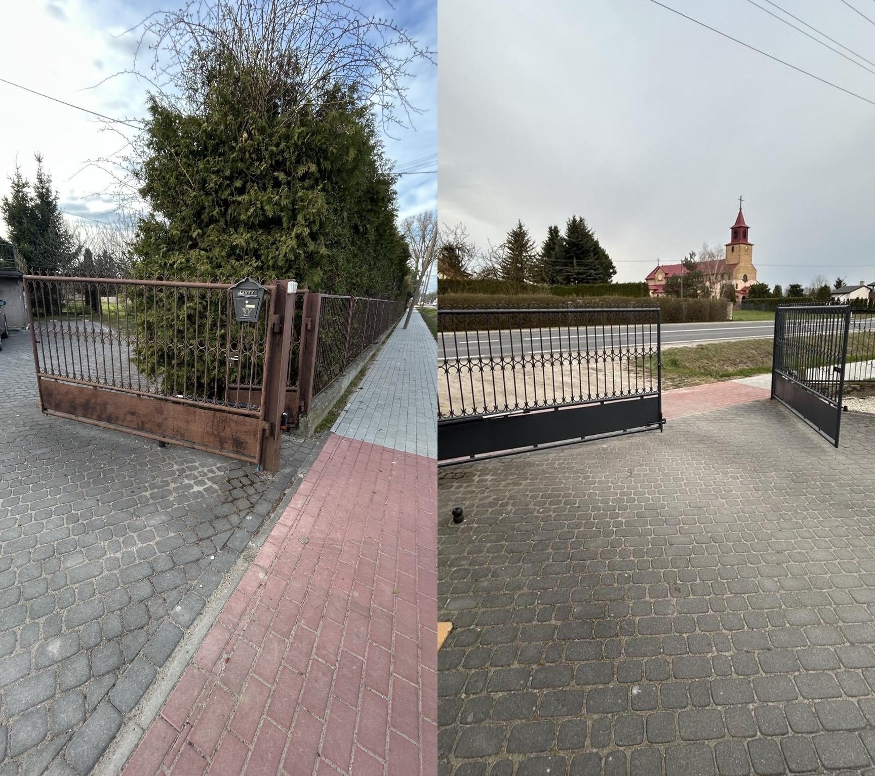 Porównanie: Stara, rdzawa brama z metaloplastyki kontra nowa, czarna brama z metaloplastyki. Kostka brukowa w dwóch odcieniach szarości. Widok na ulicę i kościół w tle.