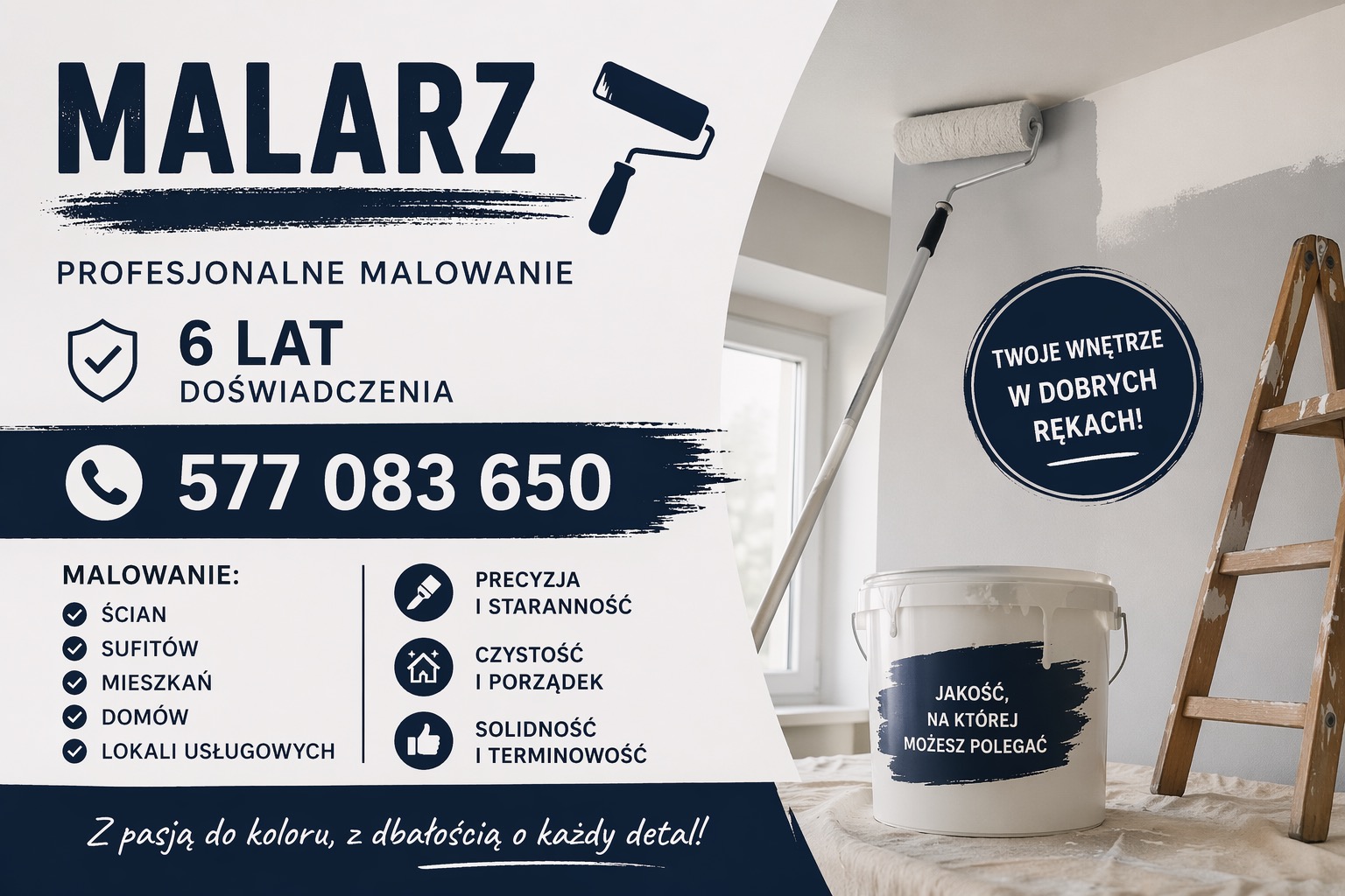 Reklama malarza: wałek malarski przy ścianie w trakcie malowania, drabina, wiadro z farbą. Napis: Profesjonalne malowanie, 6 lat doświadczenia, numer telefonu.