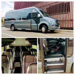 TRANS-TAXI PRZEWÓZ OSÓB I TOWARU PIOTR GRYM - Szary, luksusowy bus Mercedes-Benz z przyciemnianymi szybami, widok z zewnątrz i wnętrza z wygodnymi fotelami, schodki z napisem TRANS-TAXI.