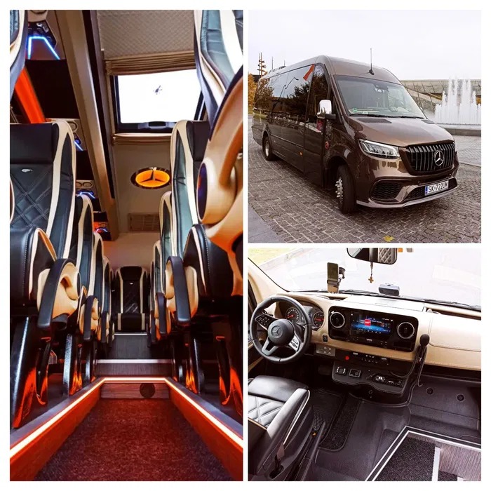 Luksusowy brązowy bus Mercedes-Benz Sprinter z beżowym wnętrzem, widok z zewnątrz i wewnątrz, fotele z czarno-beżową tapicerką, oświetlenie LED.