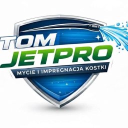 TOMASZ PASTERNAK GASTRO - Logo firmy Tom Jetpro w kształcie tarczy, z dyszą ciśnieniową i napisem 'Mycie i impregnacja kostki'. Dynamiczny, nowoczesny design w odcieniach błękitu i zieleni.