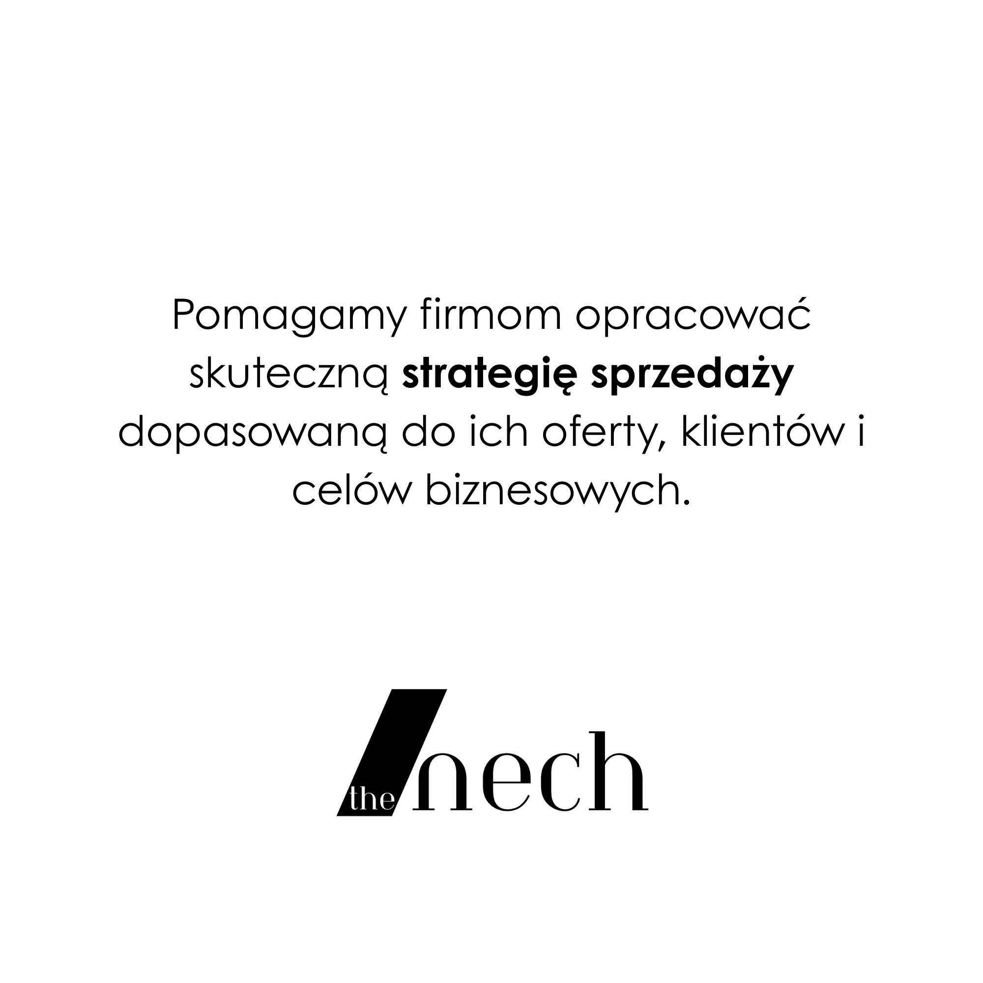 Tekst na białym tle: Pomagamy firmom opracować skuteczną strategię sprzedaży, dopasowaną do ich oferty, klientów i celów biznesowych. Logo firmy 'the nech' na dole.
