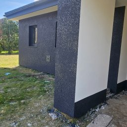 Was&Bud - Nowoczesna elewacja domu z kontrastowym tynkiem strukturalnym w odcieniach szarości i bieli. Widoczne detale wykończenia i fragment trawnika.