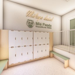 Aleksandra Nycz - Wnętrze żłobka z szafkami dla dzieci i logo 'Miś Panda' na ścianie. Jasne kolory, minimalistyczny design, schody z barierką. Wizualizacja 3D.