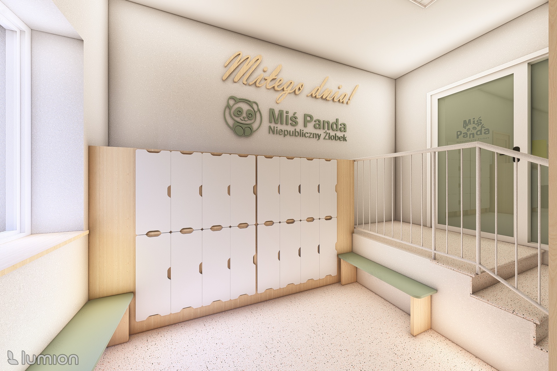 Wnętrze żłobka z szafkami dla dzieci i logo 'Miś Panda' na ścianie. Jasne kolory, minimalistyczny design, schody z barierką. Wizualizacja 3D.