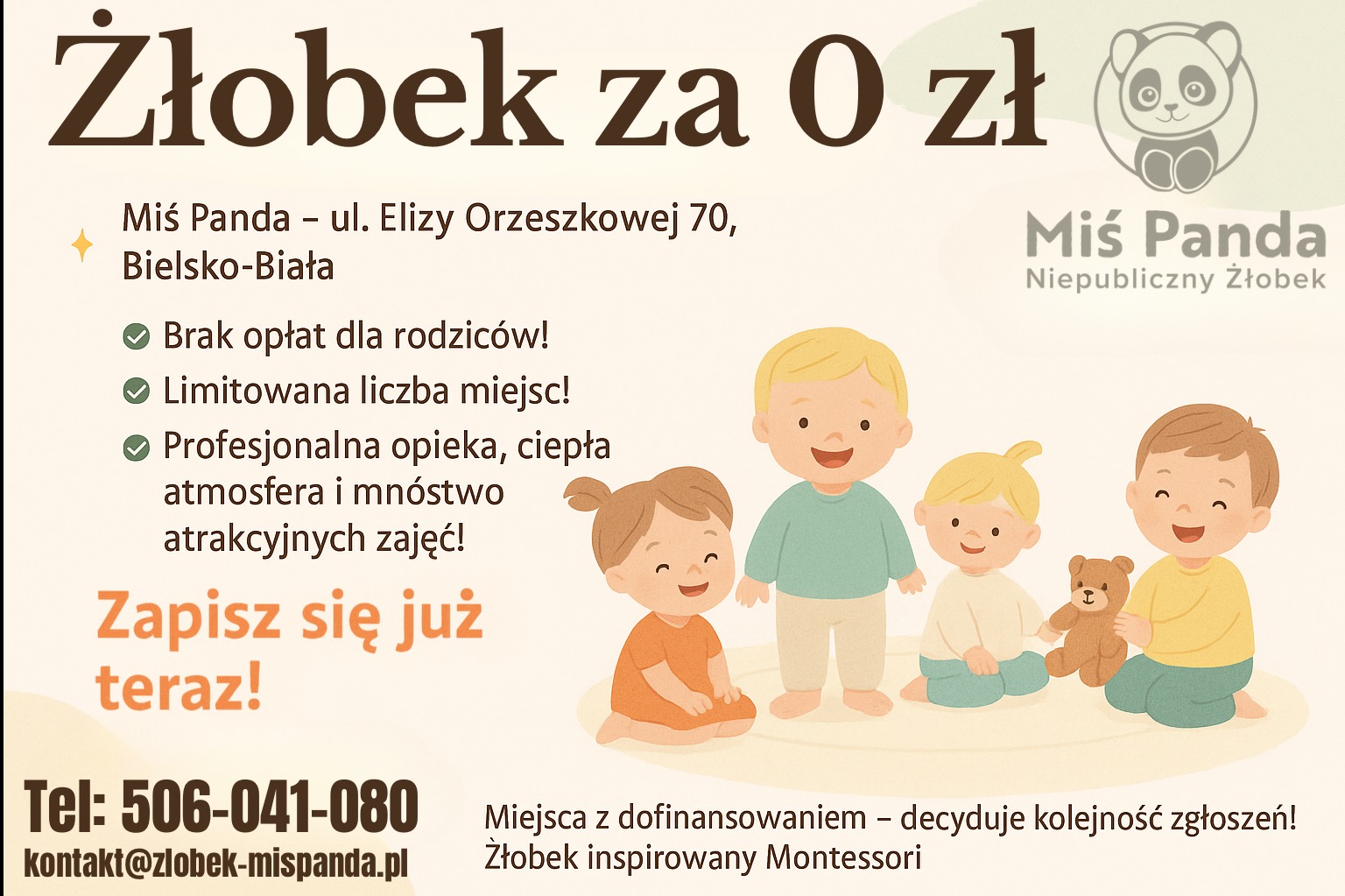 Grafika reklamowa żłobka 'Miś Panda' w Bielsku-Białej. Oferta: żłobek za 0 zł, brak opłat dla rodziców, limitowana liczba miejsc, profesjonalna opieka. Kontakt: 506-041-080.