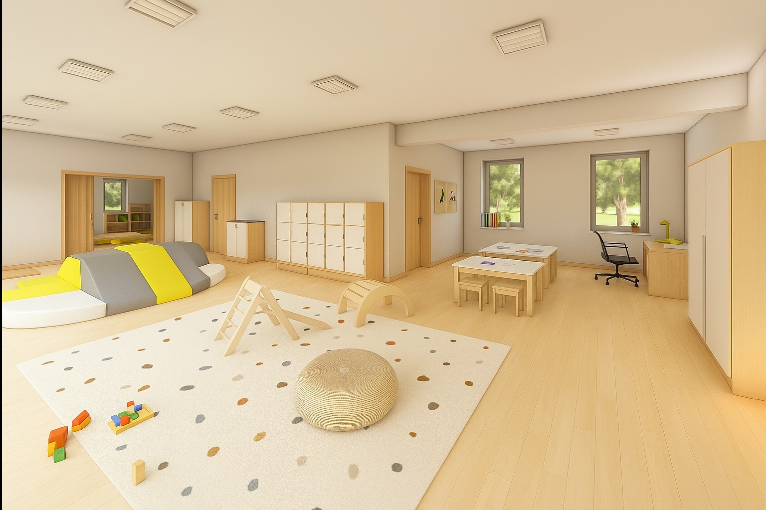 Jasne wnętrze sali zabaw z drewnianymi meblami, kolorową podłogą w kropki i miękkimi elementami do wspinaczki. Widoczne stoliki, krzesła i szafki.