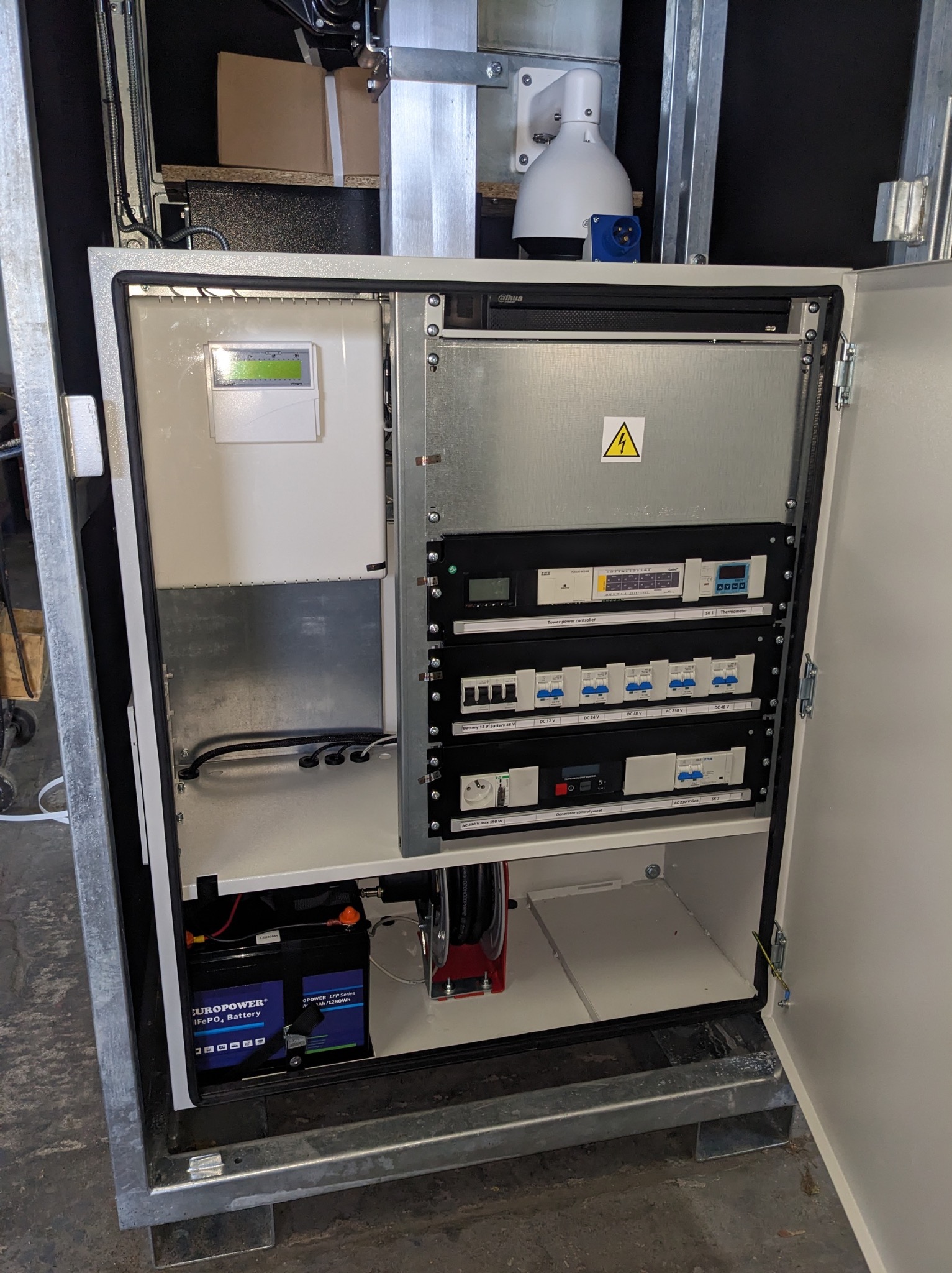 Otwarta szafa sterownicza z akumulatorem, bezpiecznikami i modułami kontrolnymi. Widoczna kamera Dahua na górze. Elementy instalacji elektrycznej wewnątrz obudowy.