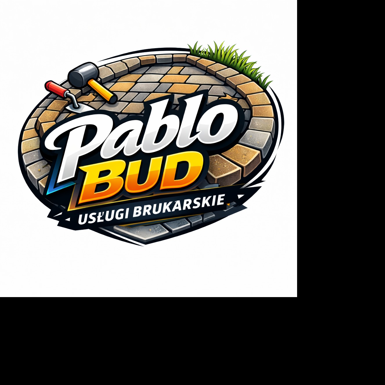 Ilustracja logo firmy brukarskiej 'Pablo Bud' z motywem ułożonej kostki, narzędzi i trawy, w żywych kolorach i kreskówkowym stylu.