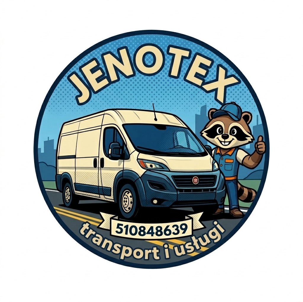 Ilustracja: biały van na drodze z numerem telefonu i nazwą firmy 'Jenotex', obok stoi szop w ubraniu roboczym, w tle panorama miasta. Grafika w stylu kreskówki.