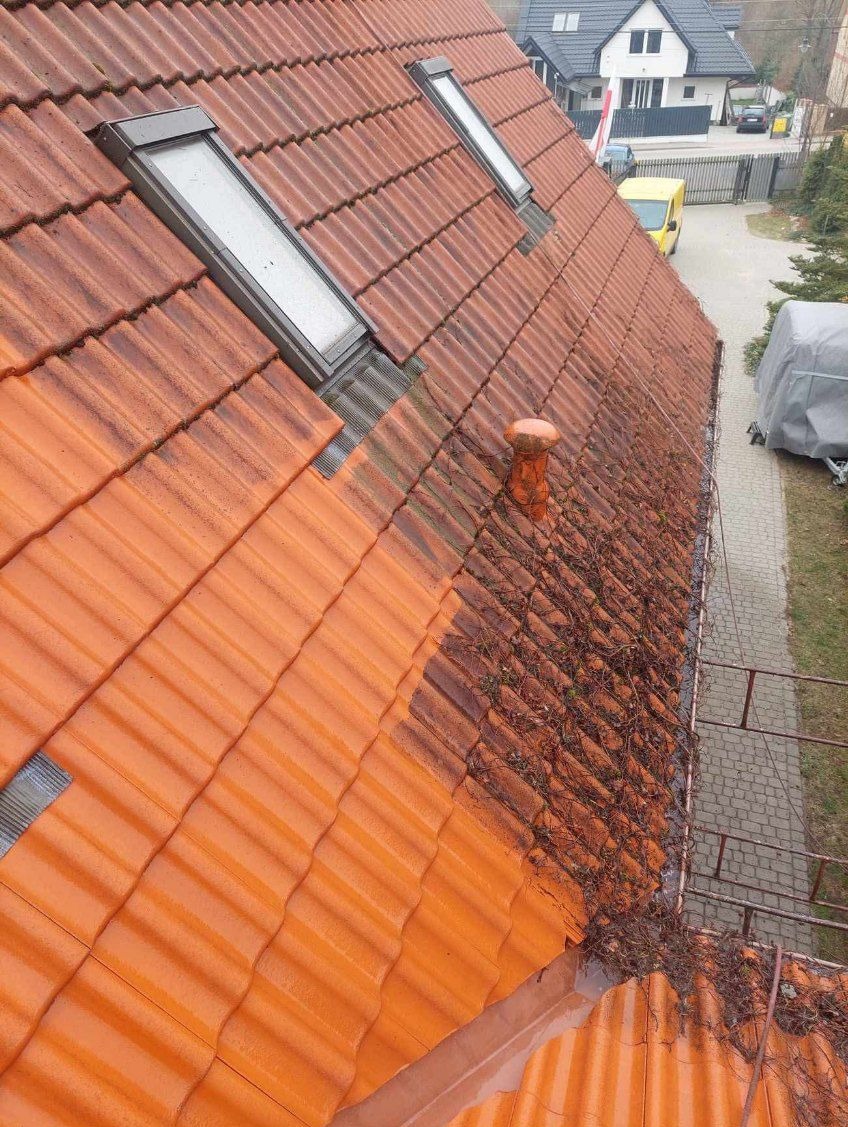 Częściowo wyczyszczony, pomarańczowy dach z dachówki ceramicznej, widoczne dwa okna dachowe i komin. Połowa dachu czysta, druga pokryta mchem i zabrudzeniami.