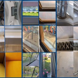 Manufaktura Wosku Dominik Sokolnicki - Kolaż zdjęć prezentujący detale różnych powierzchni przed i po czyszczeniu: okna, armatura, kabina prysznicowa, grzejnik, pralka, tapicerka. Widoczne efekty usunięcia zabrudzeń.