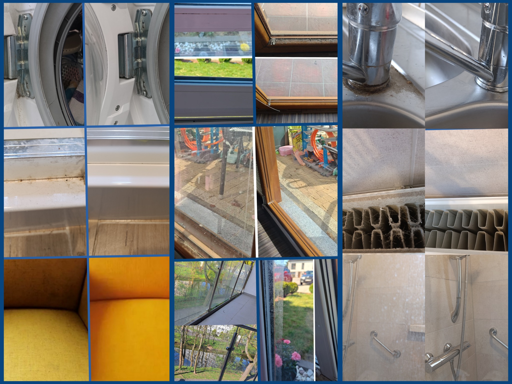 Kolaż zdjęć prezentujący detale różnych powierzchni przed i po czyszczeniu: okna, armatura, kabina prysznicowa, grzejnik, pralka, tapicerka. Widoczne efekty usunięcia zabrudzeń.