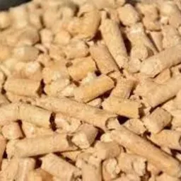 Jasnobrązowy pellet drzewny w postaci walców i ich fragmentów, ułożony w dużej kupce, oświetlony naturalnym światłem.