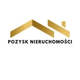 Pozysk Nieruchomości - Eleganckie logo firmy 'Pozysk Nieruchomości' z motywem złotego dachu domu na białym tle. Minimalistyczny design, czcionka bezszeryfowa.