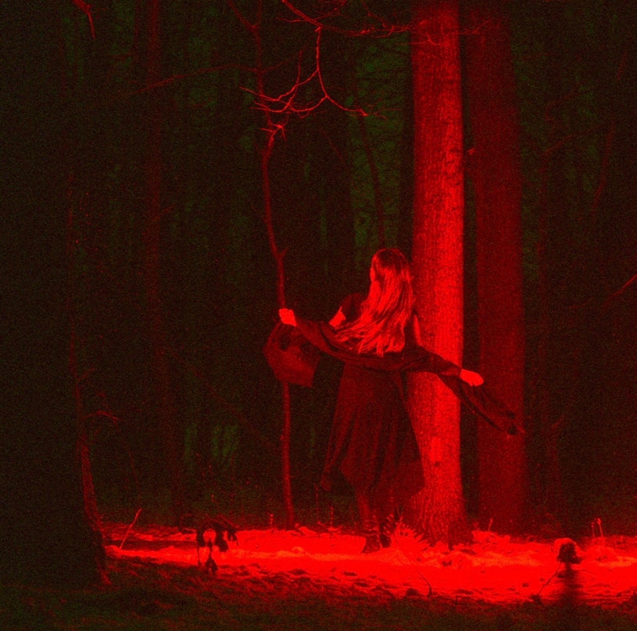 Kobieta w długiej sukni i z rozwianymi włosami, stojąca w lesie oświetlonym czerwonym światłem, trzymająca w ręku ciemny materiał. Mroczna stylizacja.