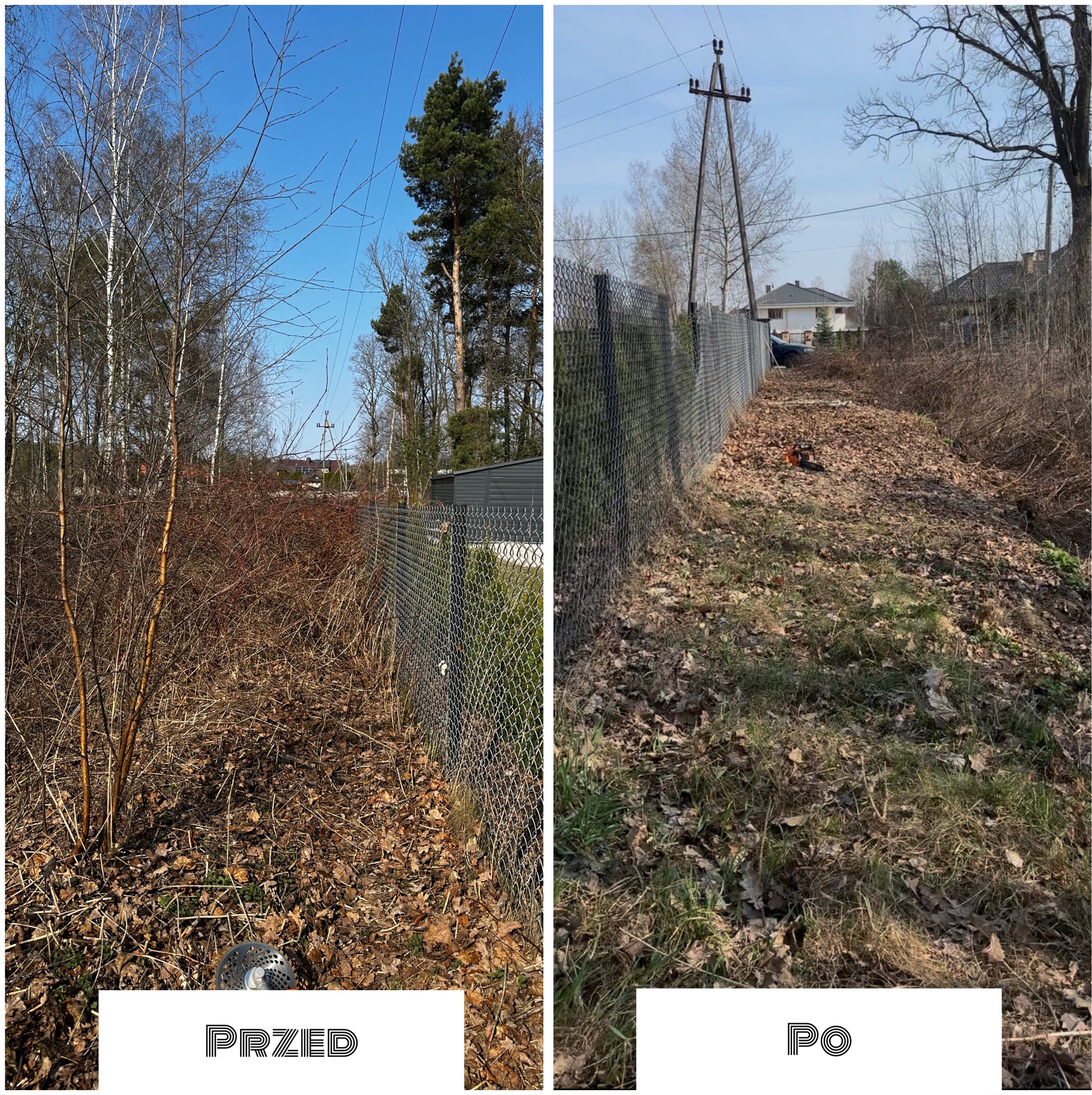 Zdjęcie 'przed i po' ukazujące teren wzdłuż ogrodzenia: zarośnięty chwastami i po ich usunięciu. Widoczna kosa spalinowa. Słoneczny dzień.