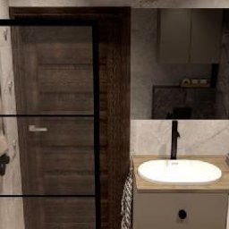 SolidHouse - Nowoczesna łazienka z kabiną prysznicową typu walk-in, umywalką nablatową i pralką. Marmurowe ściany i drewniane akcenty tworzą elegancki wystrój.