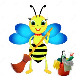 Dina Hanevich - Kreskówkowa pszczoła z niebieskimi skrzydłami trzyma brązową miotłę. Obok stoi czerwone wiadro ze środkami czystości, gąbkami i rękawicami. Ilustracja.