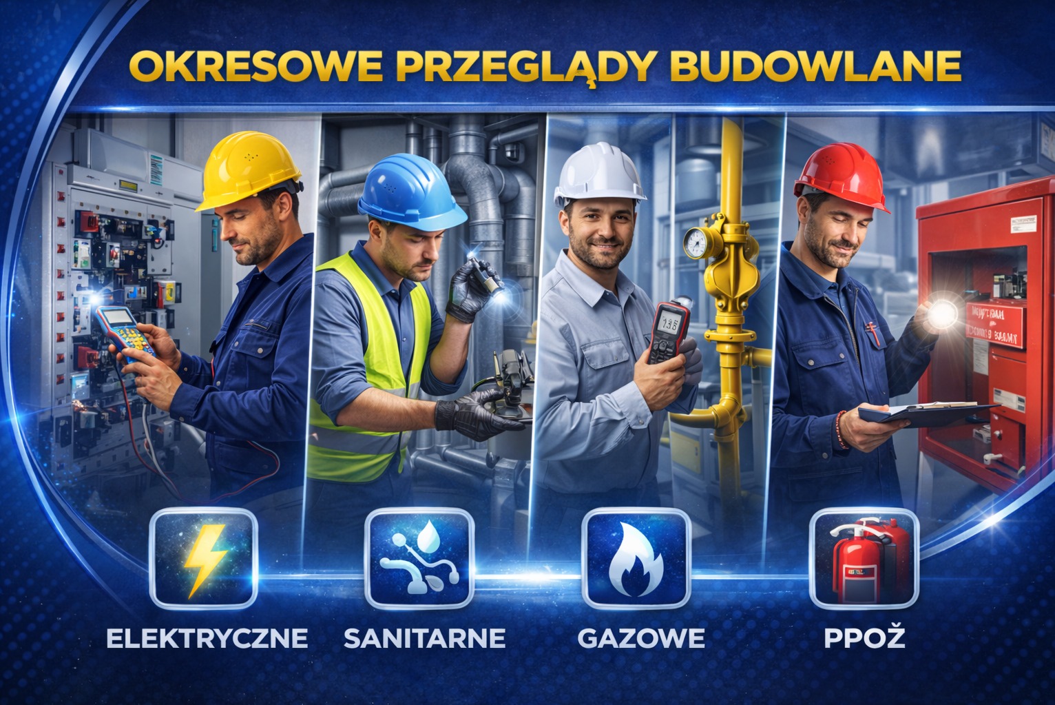 Okresowe przeglądy budowlane: elektryczne, sanitarne, gazowe i PPOŻ. Czterech mężczyzn w kaskach i strojach roboczych wykonuje pomiary i inspekcje.