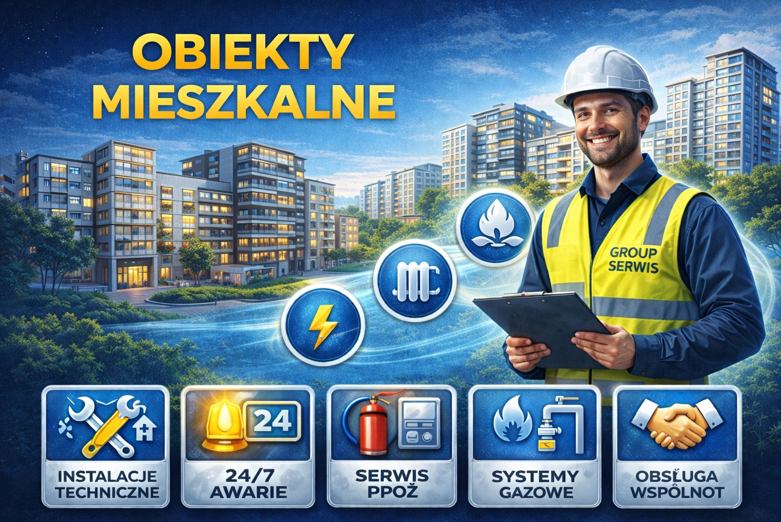 Mężczyzna w kasku i kamizelce serwisowej na tle budynków mieszkalnych, prezentujący usługi instalacyjne, awaryjne, PPOŻ i gazowe dla wspólnot.