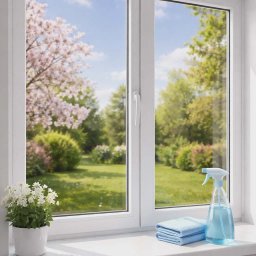 IRMONTEX - Wyczyszczone okno PCV z widokiem na kwitnący ogród. Na parapecie leżą złożone, błękitne ściereczki i butelka ze spryskiwaczem wypełniona płynem do mycia szyb.