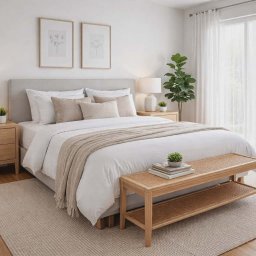 IRMONTEX - Jasna sypialnia z łóżkiem, drewnianymi szafkami nocnymi i roślinami doniczkowymi. Minimalistyczny wystrój z beżowymi akcentami i naturalnym światłem.