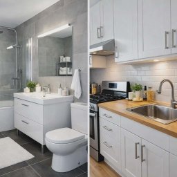 IRMONTEX - Nowoczesna łazienka z wanną i kabiną prysznicową oraz jasna kuchnia z drewnianym blatem i białymi szafkami, oddzielone pionową linią podziału.