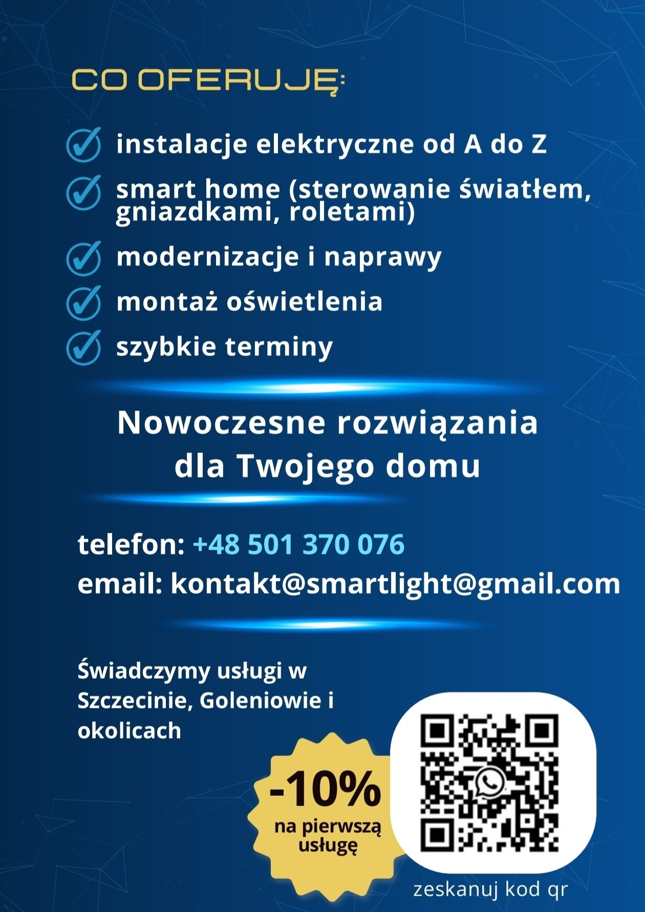 Oferta usług elektrycznych: instalacje, smart home, modernizacje, montaż oświetlenia. Szybkie terminy, nowoczesne rozwiązania dla domu. Kontakt i kod QR.