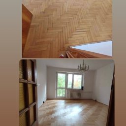 Aleksander Waliczek - Parkiet ułożony w jodełkę po renowacji. Widoczne różnice w odcieniach drewna przed i po zabiegu. Jasne, przestronne wnętrze z oknem i żyrandolem.