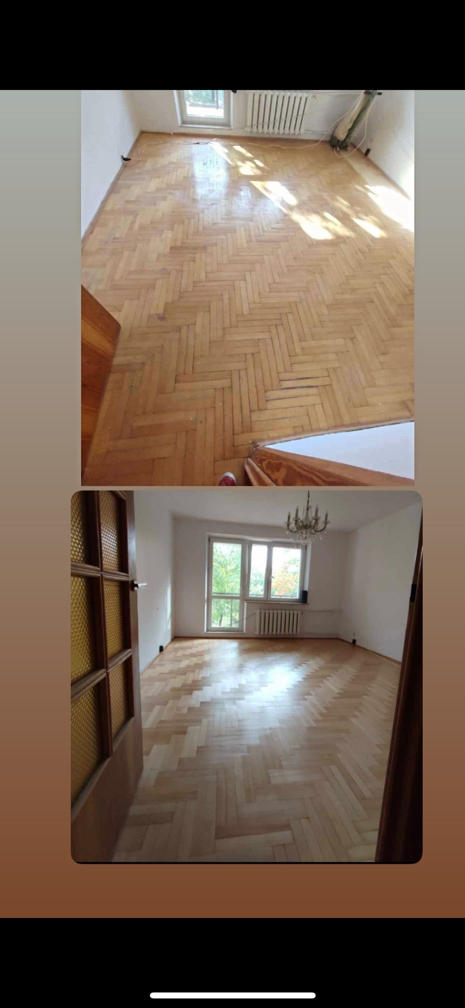 Parkiet ułożony w jodełkę po renowacji. Widoczne różnice w odcieniach drewna przed i po zabiegu. Jasne, przestronne wnętrze z oknem i żyrandolem.