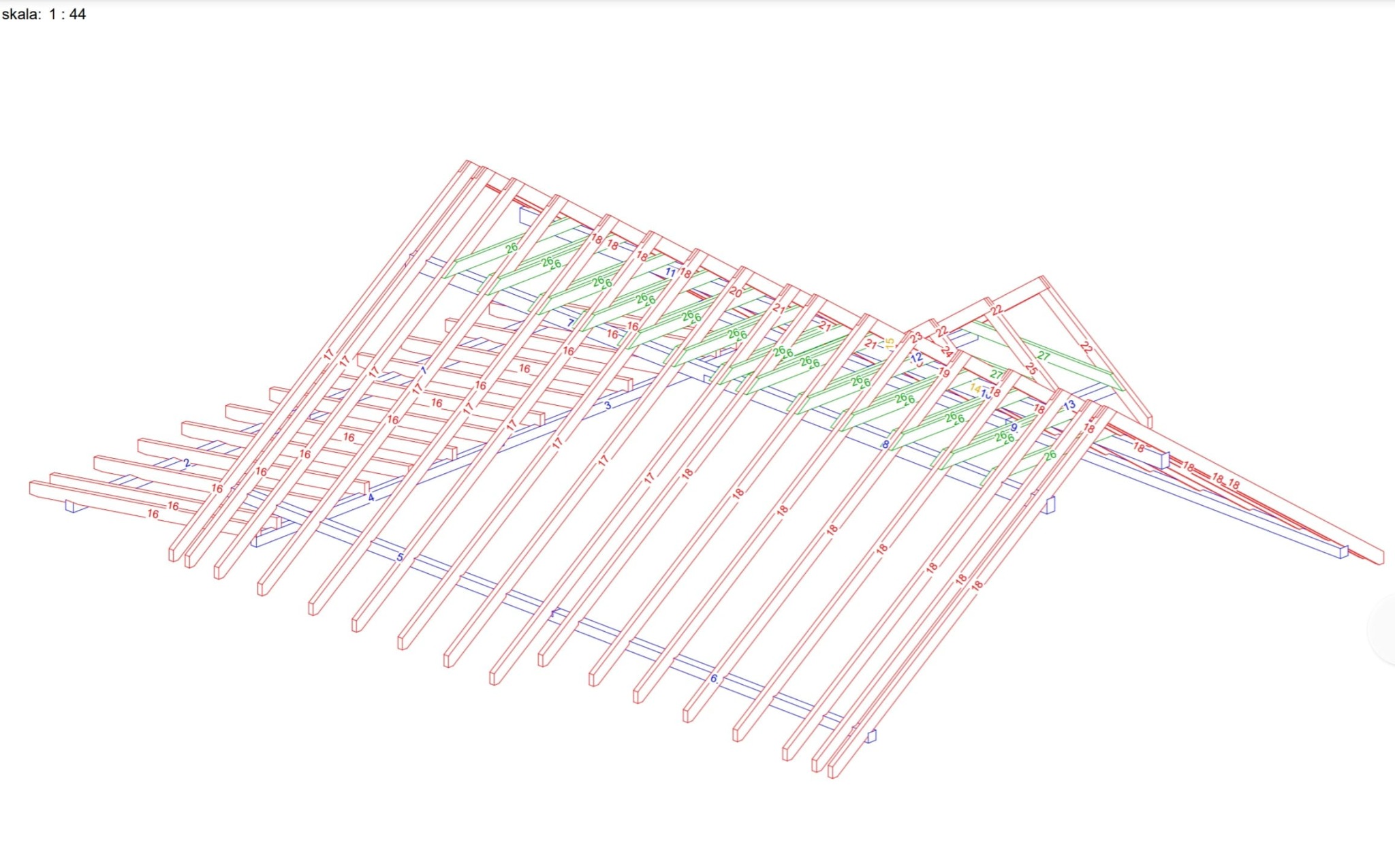 Schemat 3D więźby dachowej z oznaczeniami elementów konstrukcyjnych w kolorach czerwonym, zielonym i niebieskim, prezentowany w perspektywie izometrycznej.