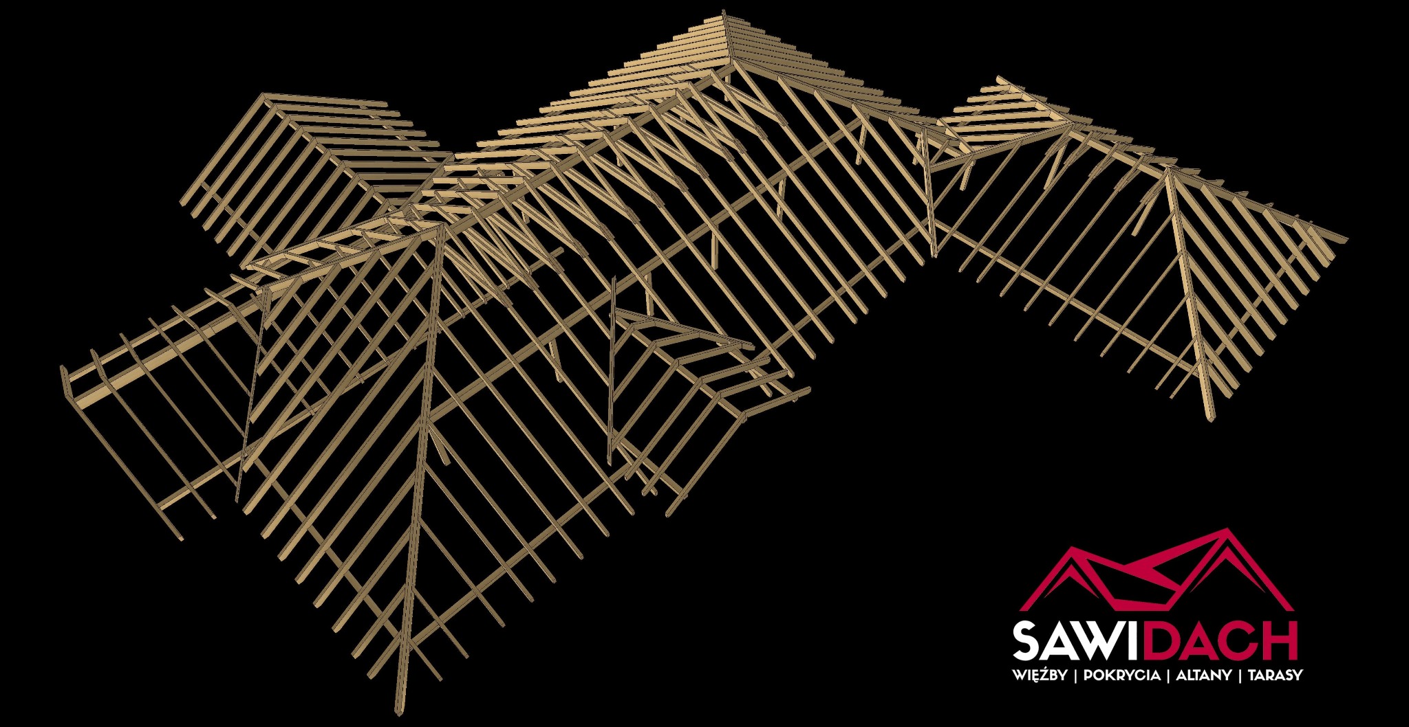 Wizualizacja 3D skomplikowanej konstrukcji drewnianej dachu na czarnym tle, z widocznym logo firmy w prawym dolnym rogu. Precyzyjny model więźby dachowej.